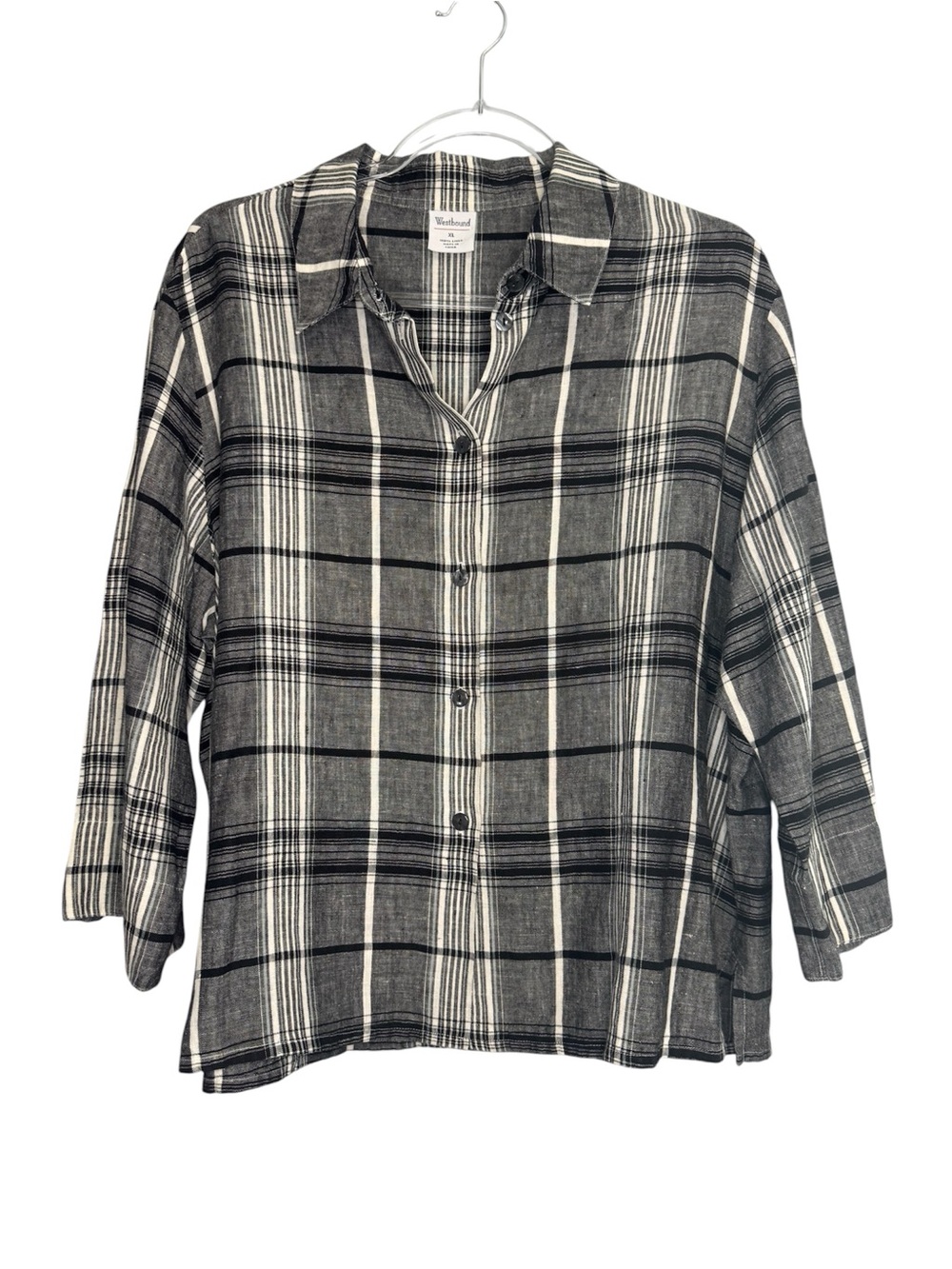 Westbound XL 100% Linen Plaid Button Front Shirt Top Gray Black White 3/4 Sleeve